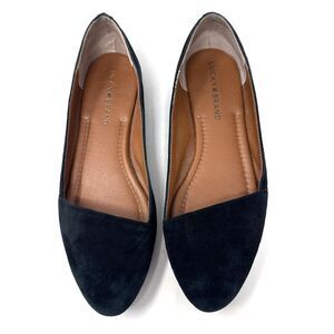 Lucky Brand Archh Suede Ballet Flats Womens Sz 7 Black Asymmetrical Vamp Almond